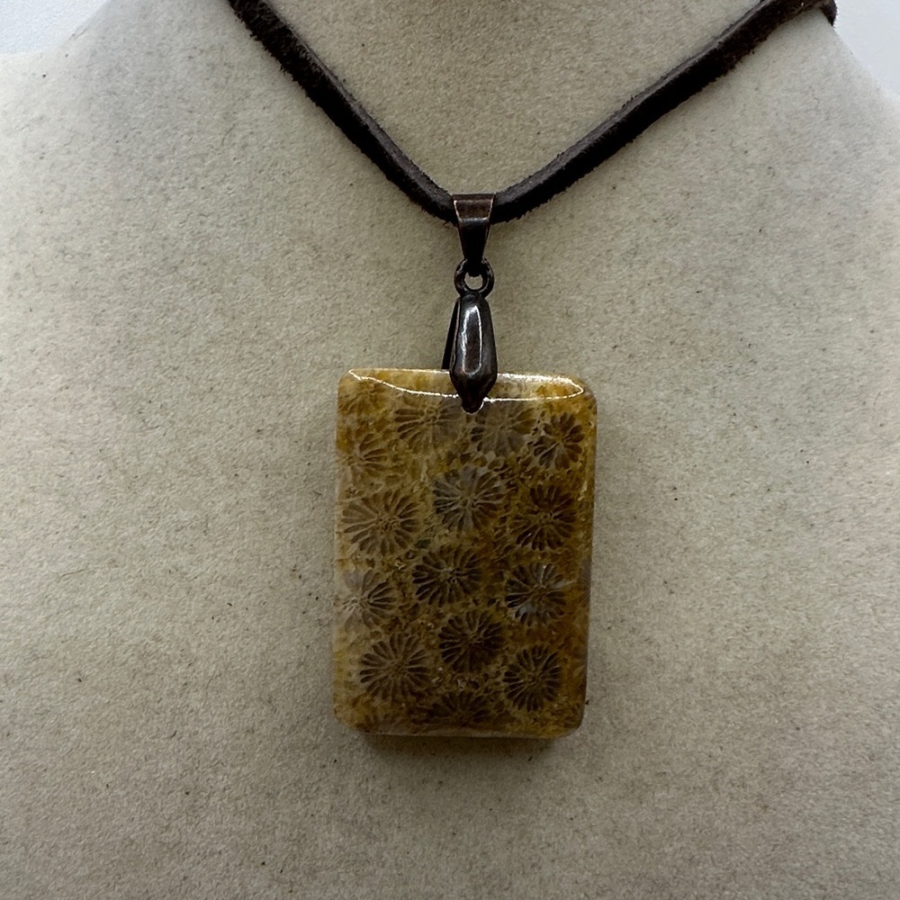 Beautiful Coral Fossil Jade Pendant on Leather Rope